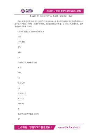 【金融专业】美国大学TOP100金融硕士录取要求一览表