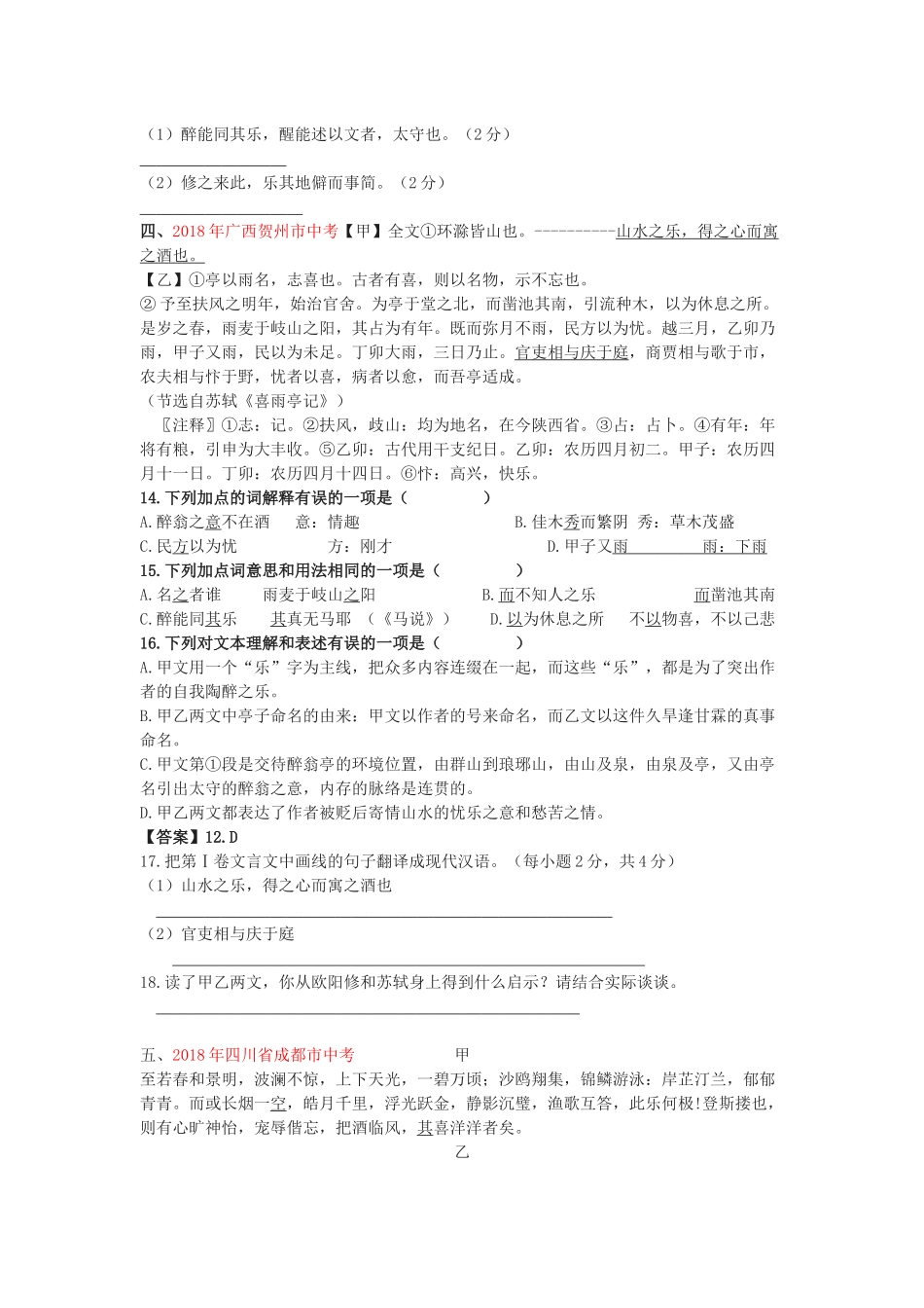 《醉翁亭记》2018年中考练习集锦(原创附答案)_第3页
