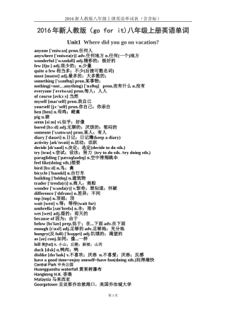 2016新人教版八年级上册英语单词表(含音标全册)
