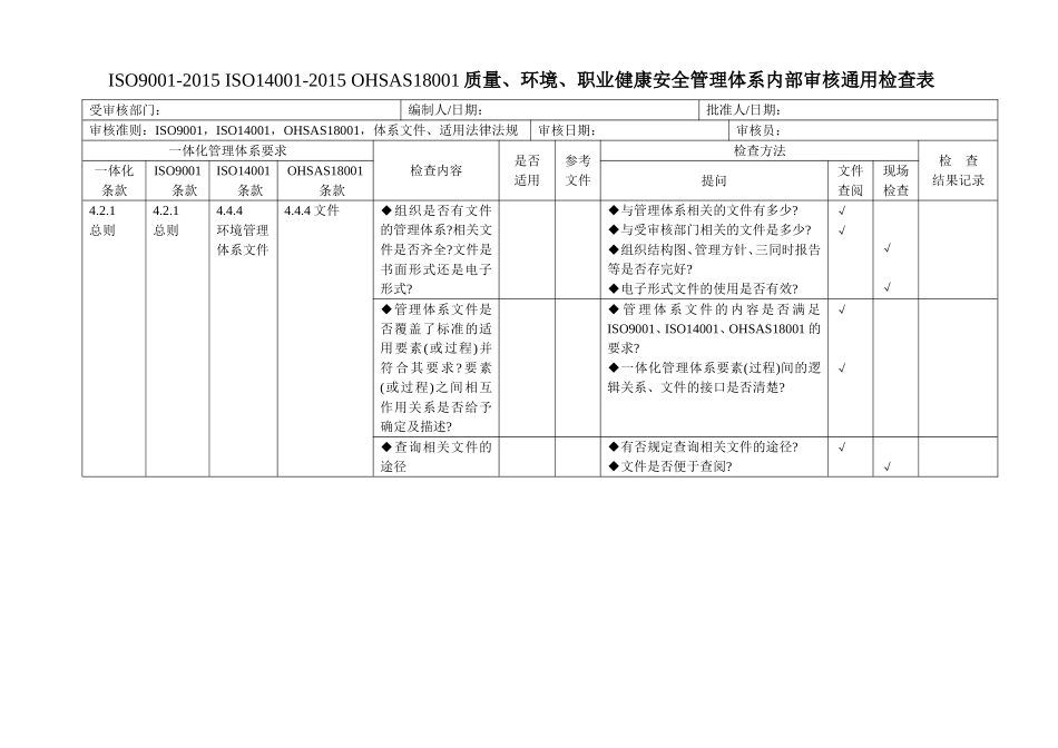 ISO9001-2015-ISO14001-OHSAS18001质量、环境、职业健康三体系内审检查表_第1页