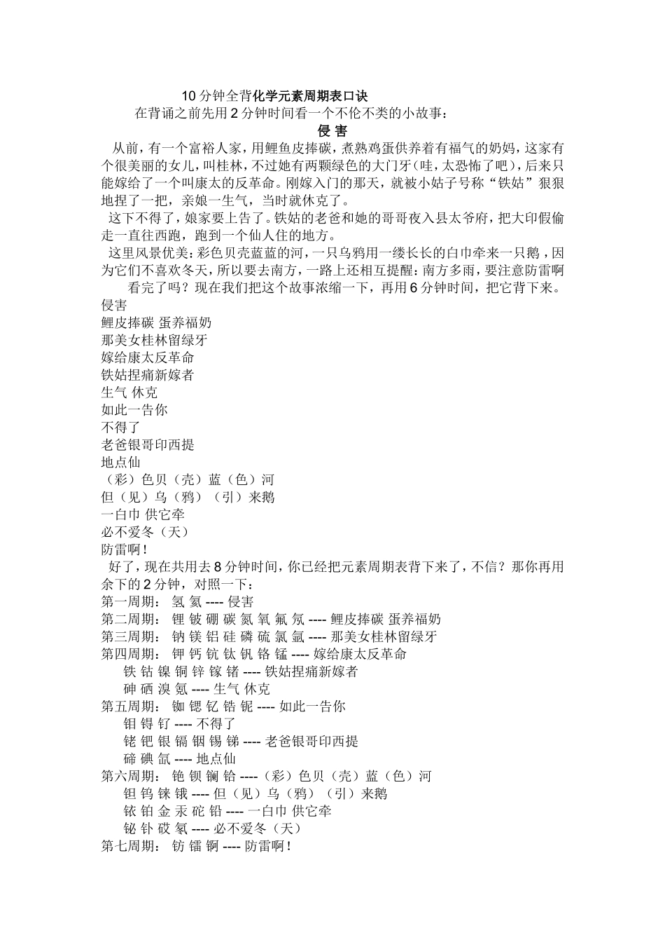 10分钟全背化学元素周期表口诀_第1页