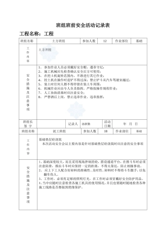 班前安全活动记录表(最新范例)