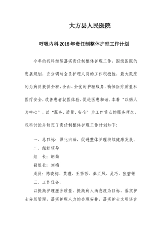 2018年责任制整体护理计划