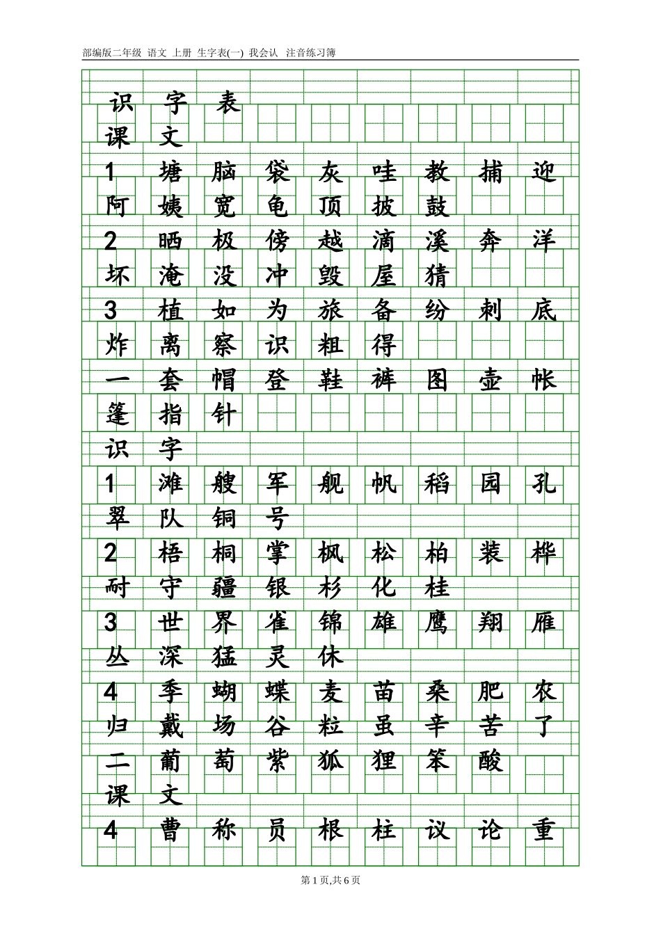 2017新部编版小学二年级上册语文全册生字表田字格注音写字表-(1)_第1页