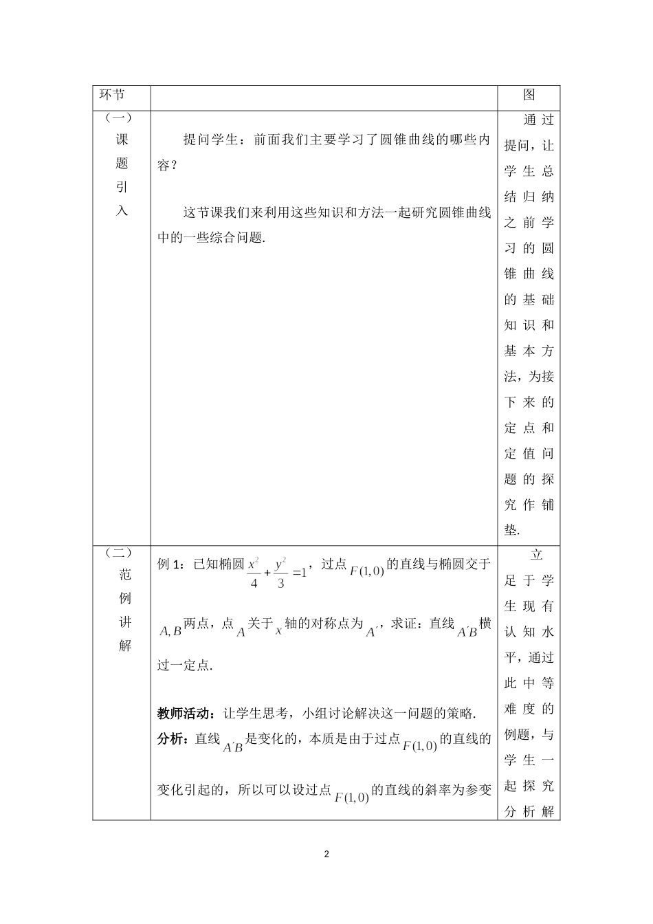 《圆锥曲线中的定点与定值问题)教学设计_第2页