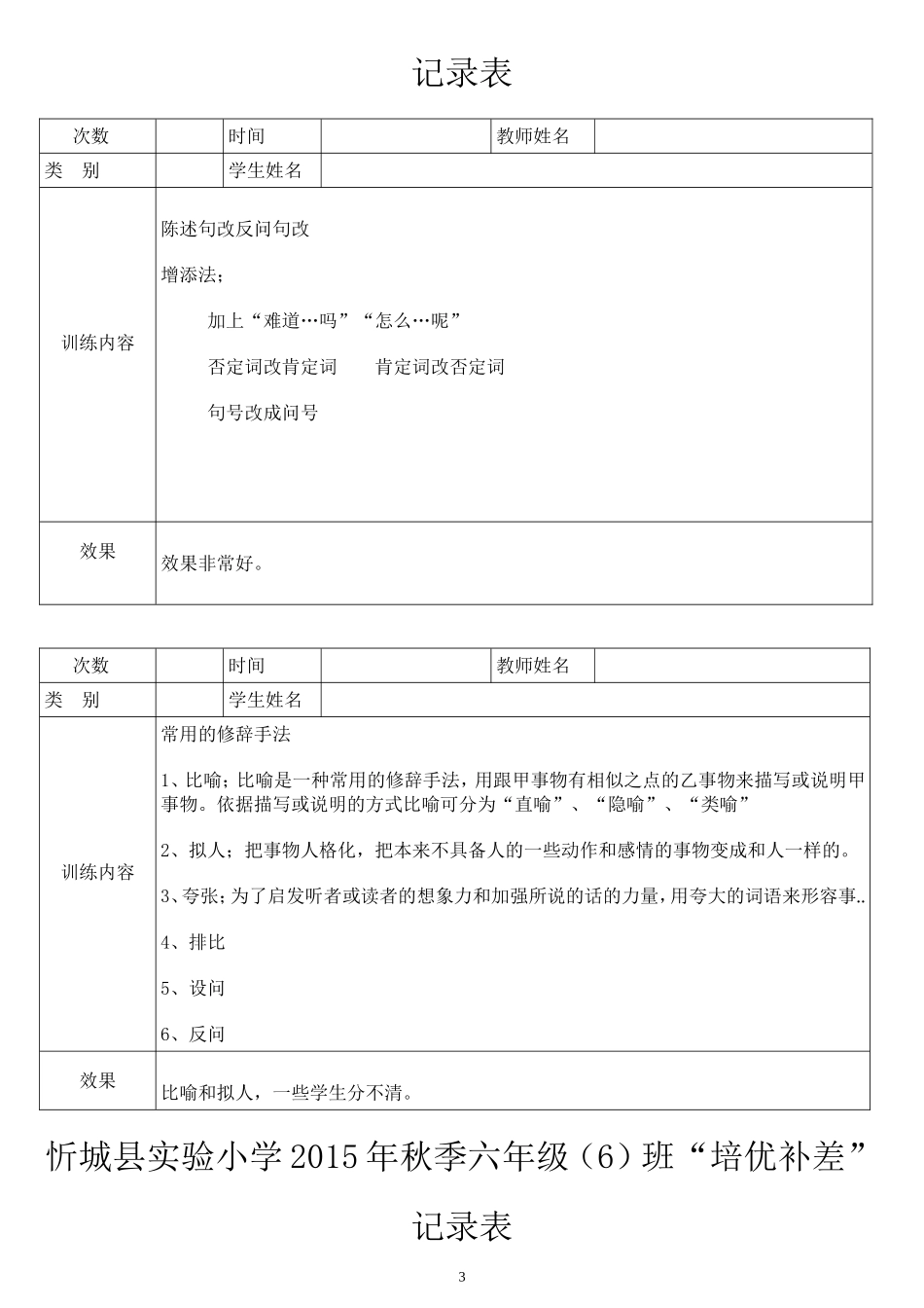 2015年秋季学期六年级(6)班培优辅差记录表_第3页