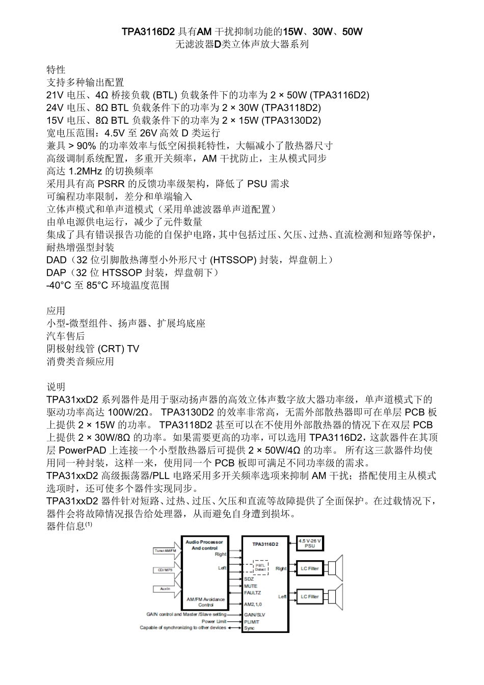 TPA3116D2中文数据表_第1页