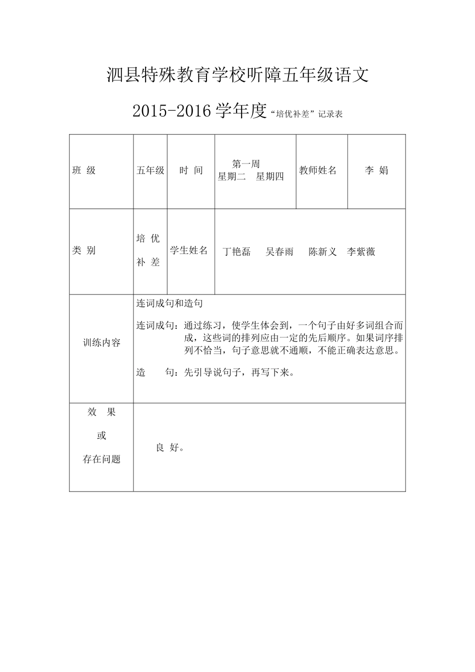 2015-2016学年度五年级语文培优辅差记录表-(1)_第1页