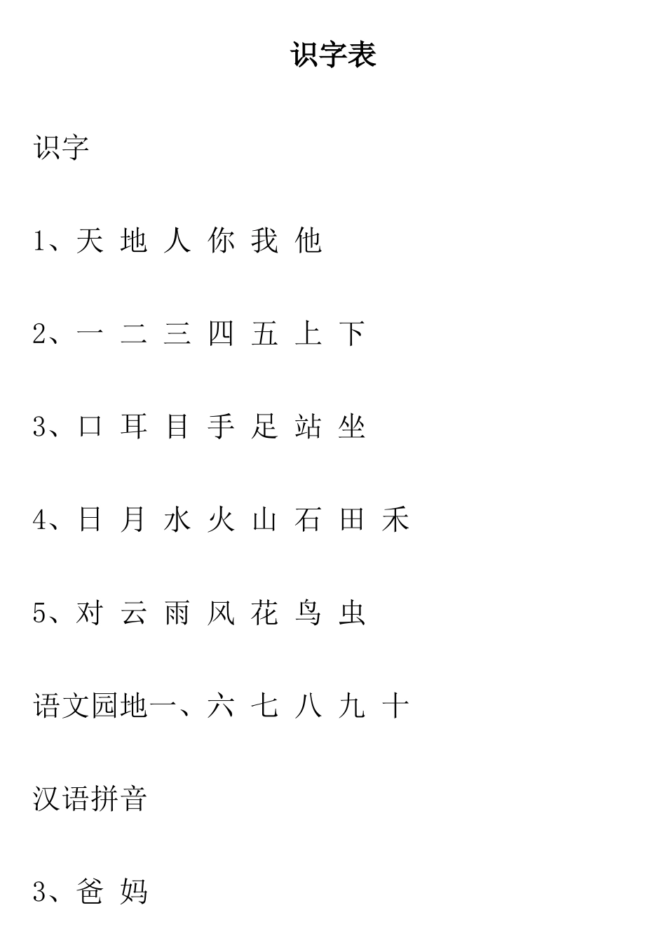 2016版人教版语文(新版)一年级上册生字表识字表写字表_第1页