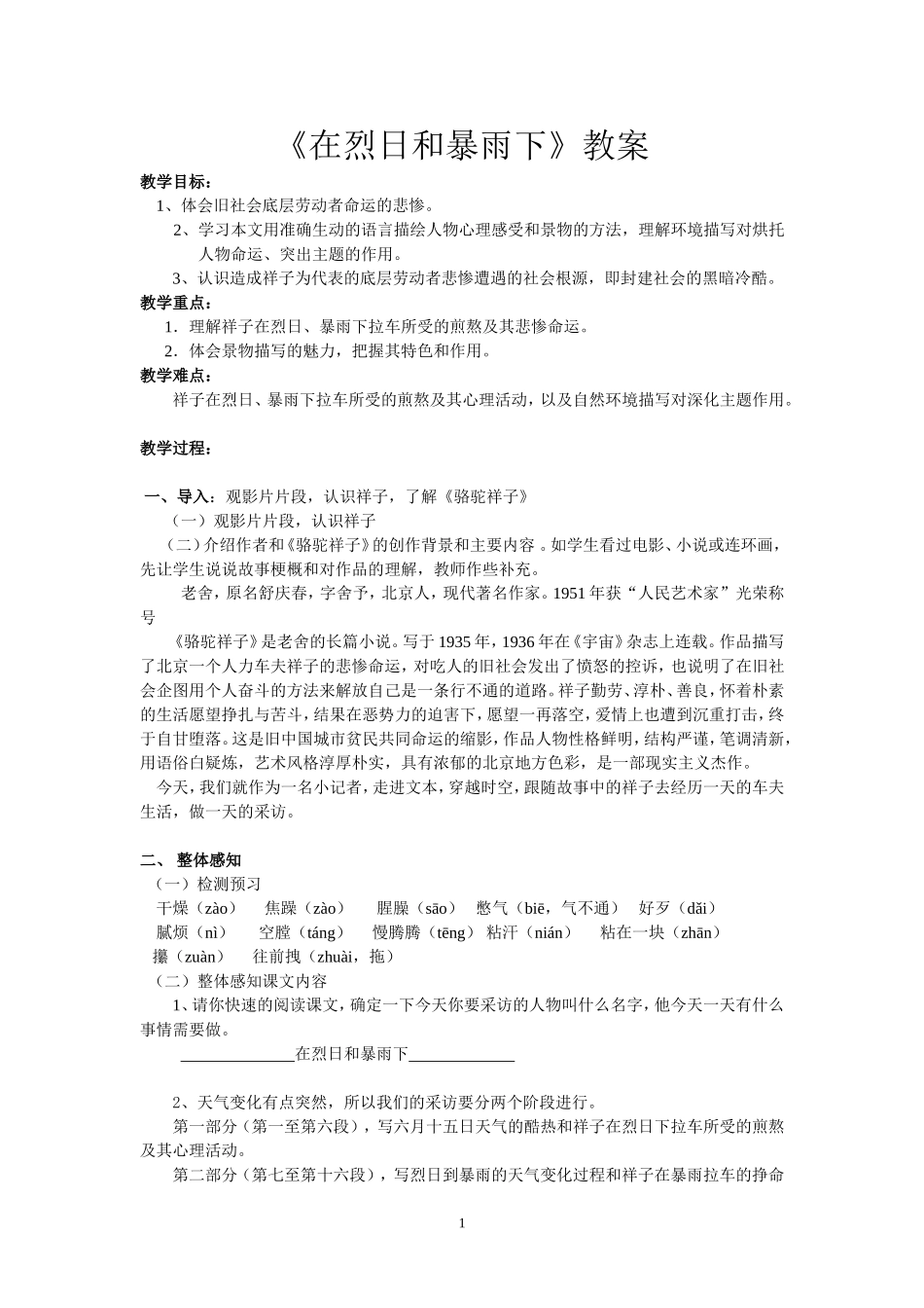 《在烈日和暴雨下》教学设计(修改稿)_第1页