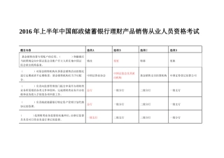 2016年邮政储蓄银行理财产品销售从业人员资格考试