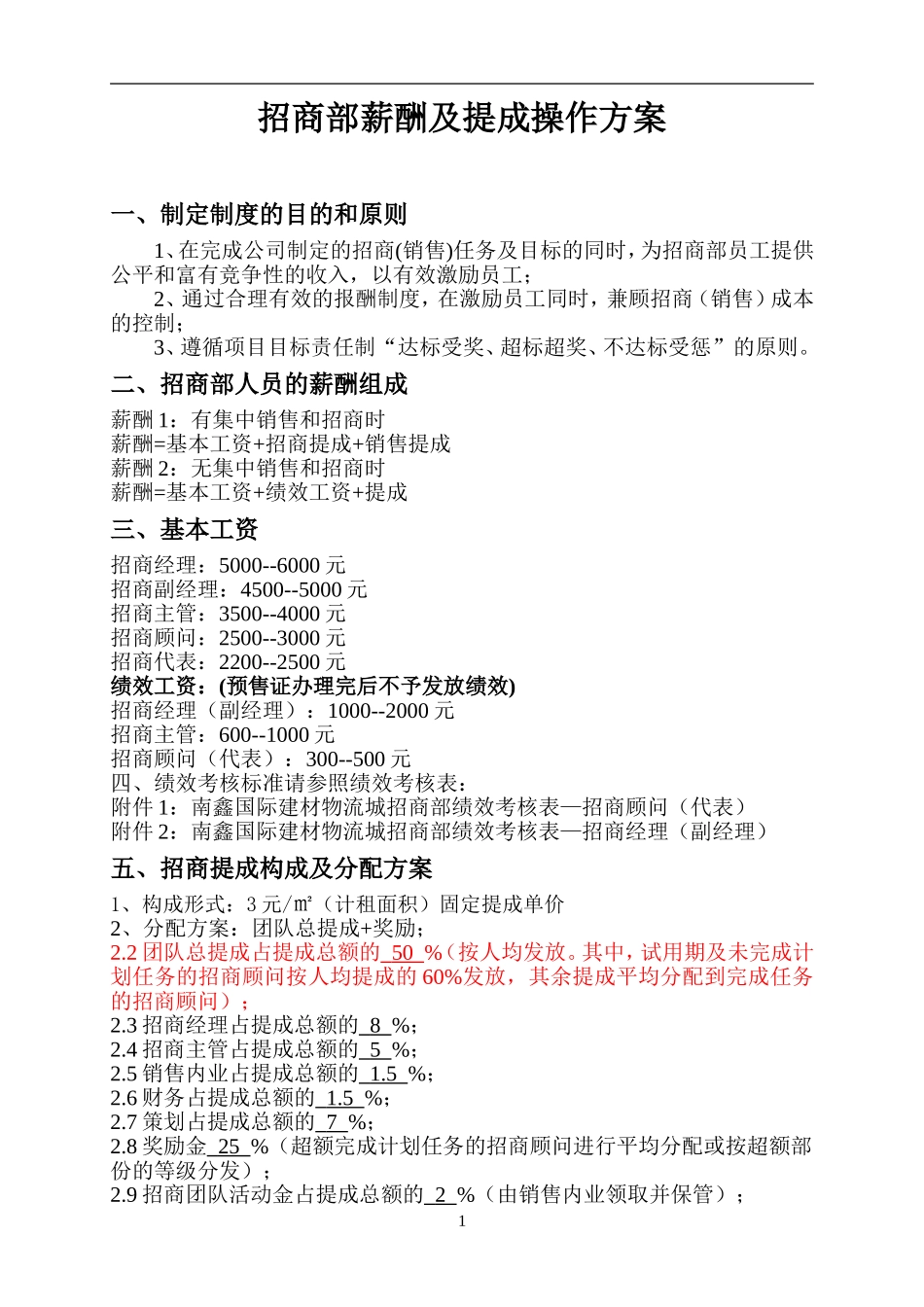 2017年招商部薪酬及提成操作方案_第1页