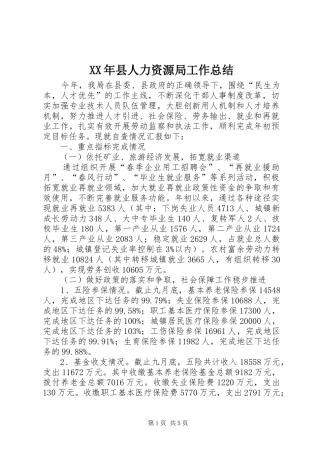 XX年县人力资源局工作总结