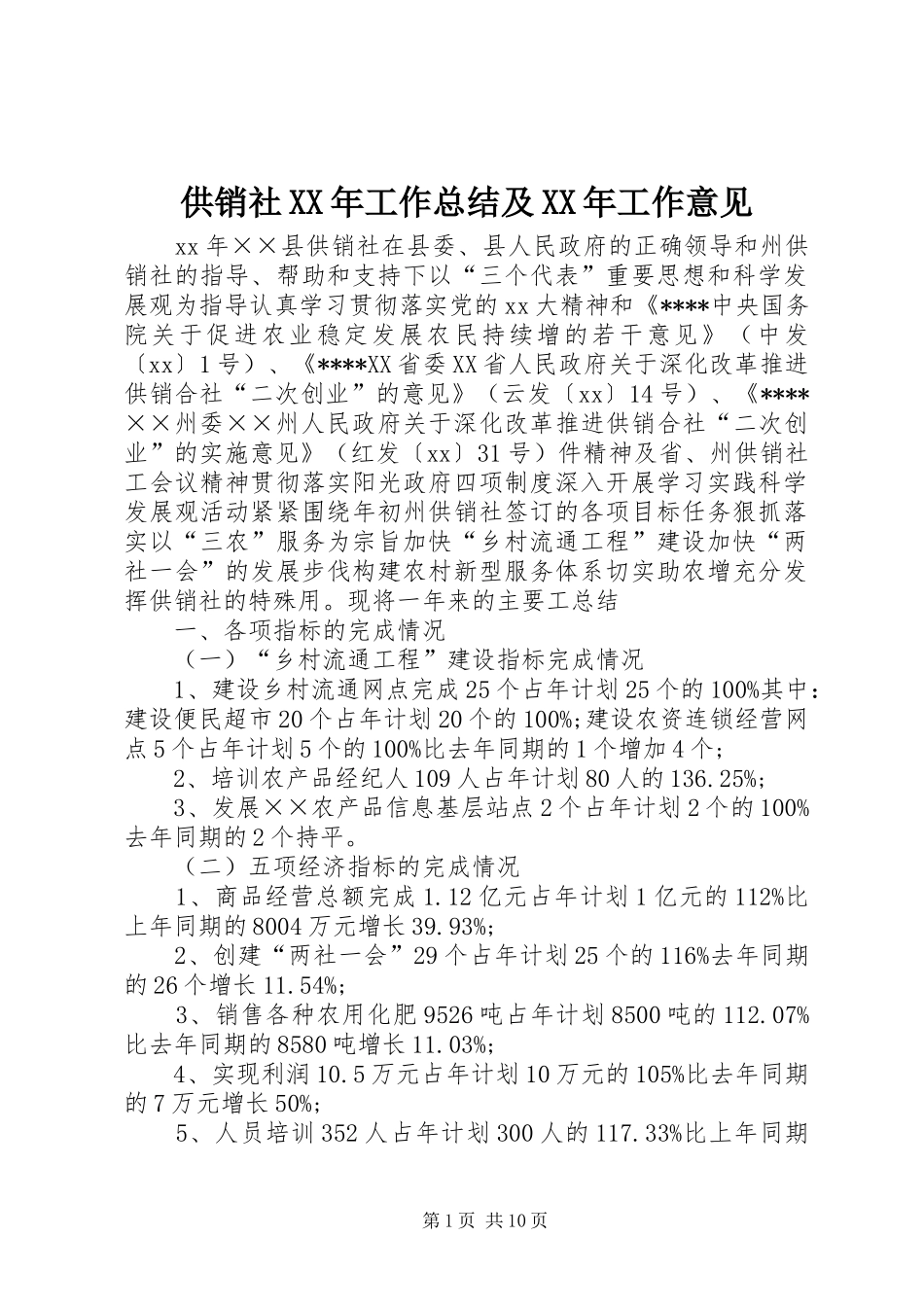 供销社XX年工作总结及XX年工作意见_第1页