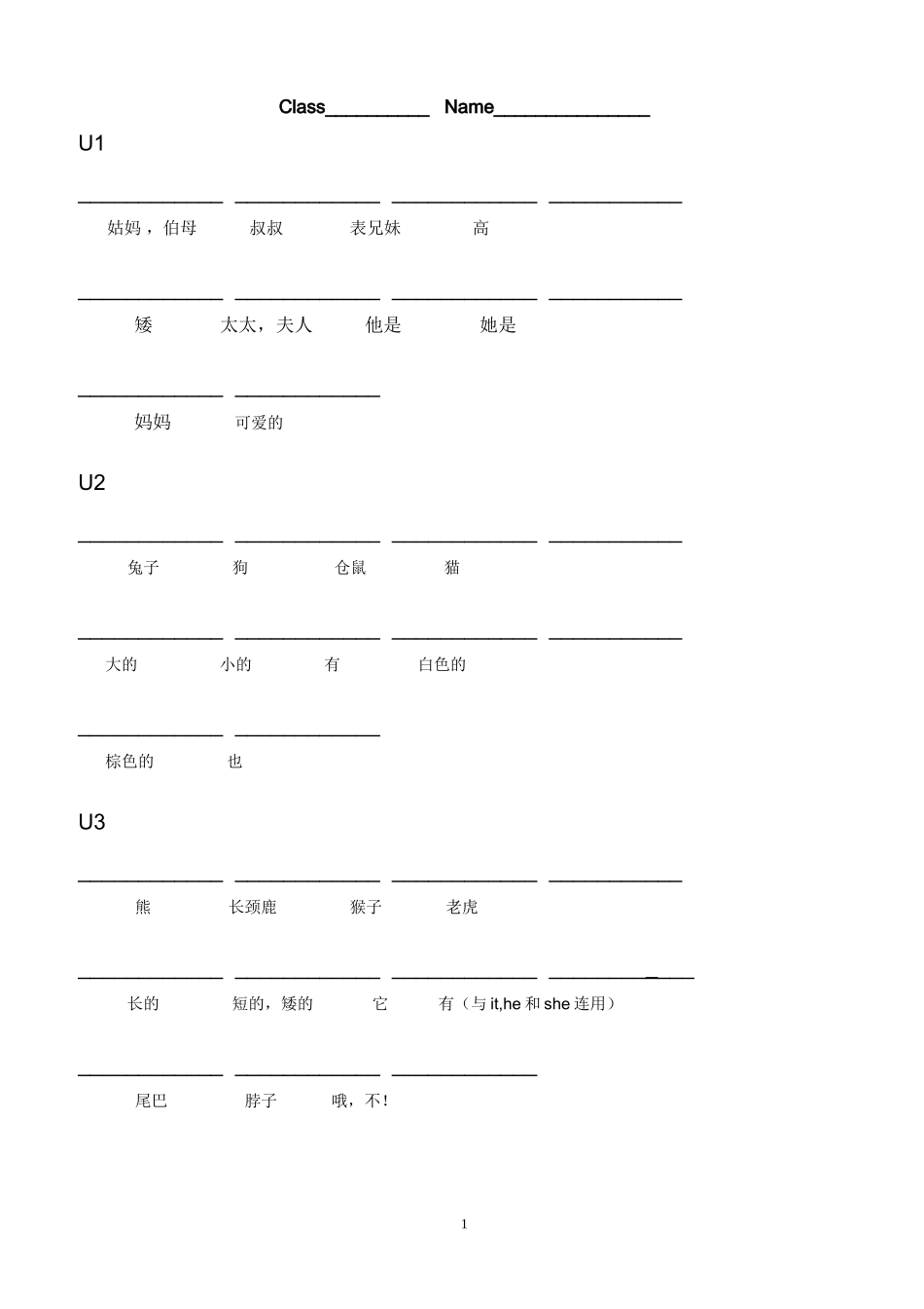 最新苏教版二年级英语上册2A单词默写表_第1页