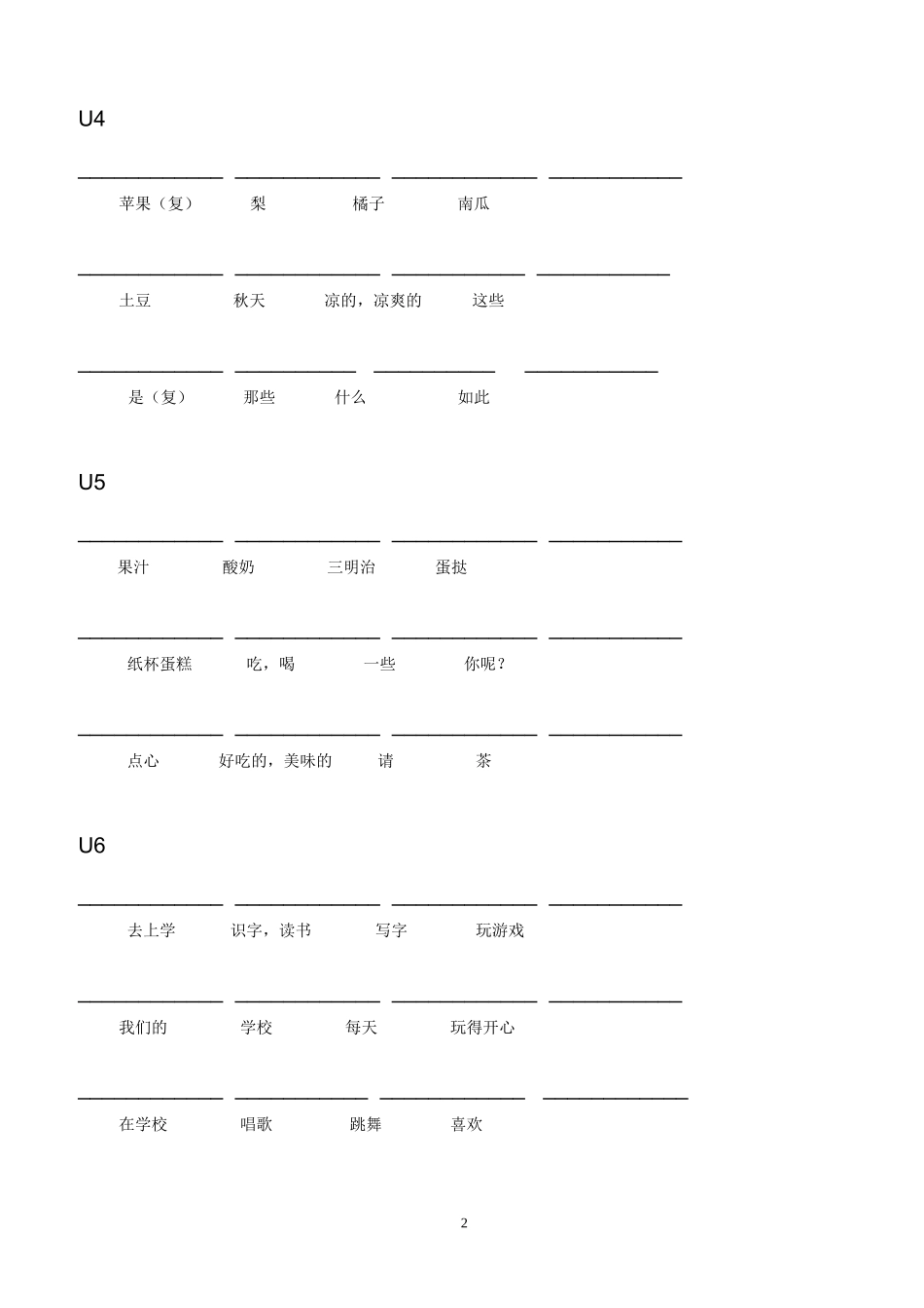 最新苏教版二年级英语上册2A单词默写表_第2页
