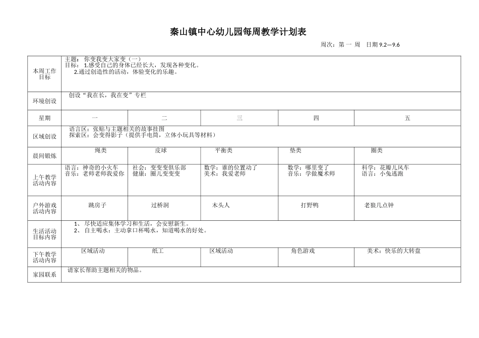 幼儿园大班每周教学计划表第一学期_第1页