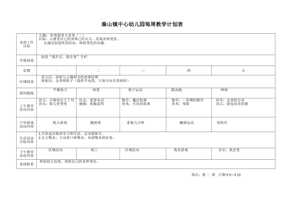幼儿园大班每周教学计划表第一学期_第2页