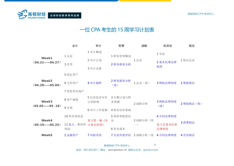 一位CPA考生的15周学习计划表_第1页