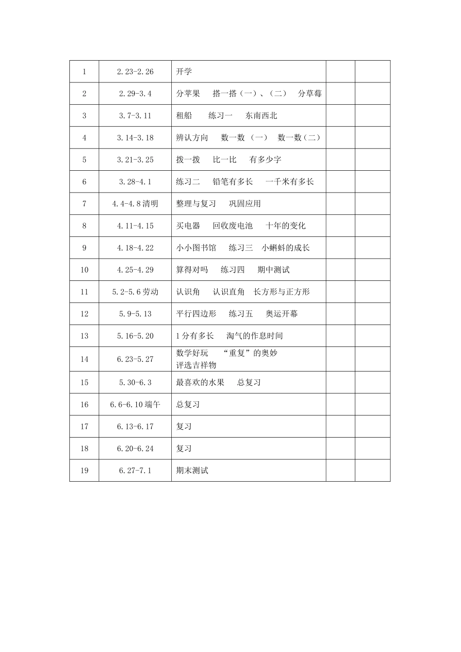 新北师大版二年级数学下册教学计划及进度表_第3页