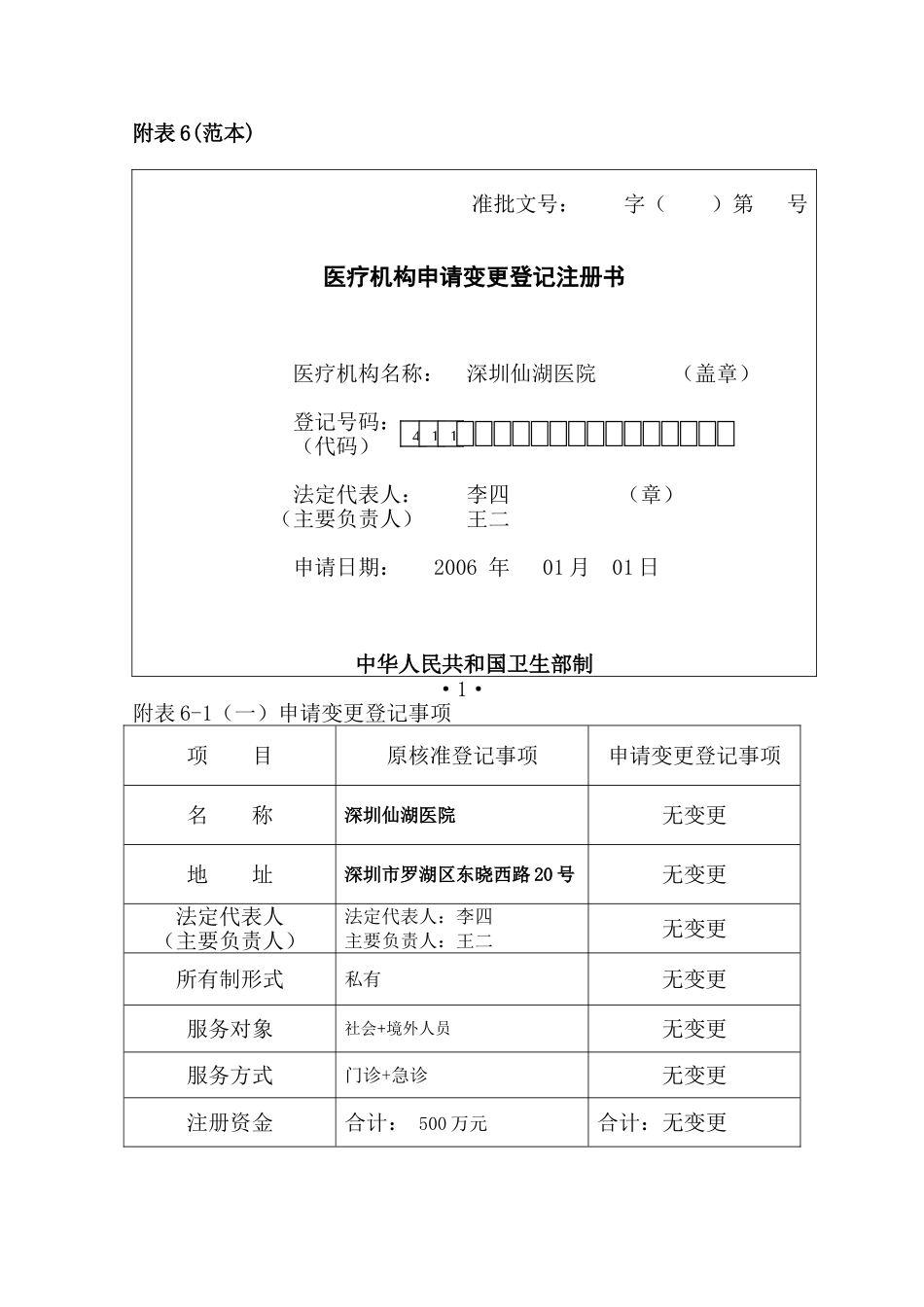 医疗机构申请变更登记注册书示范文本_第1页