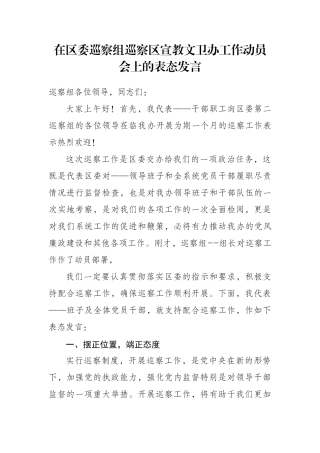 在党委巡察组巡察工作动员会上的表态发言
