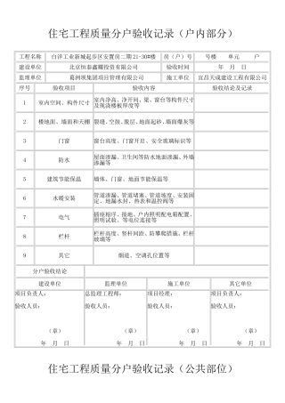 住宅工程质量分户验收记录全套表格