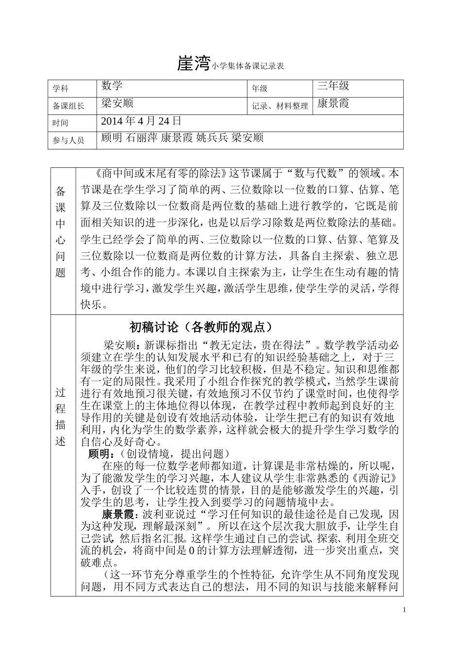 小学数学集体备课记录表_第1页