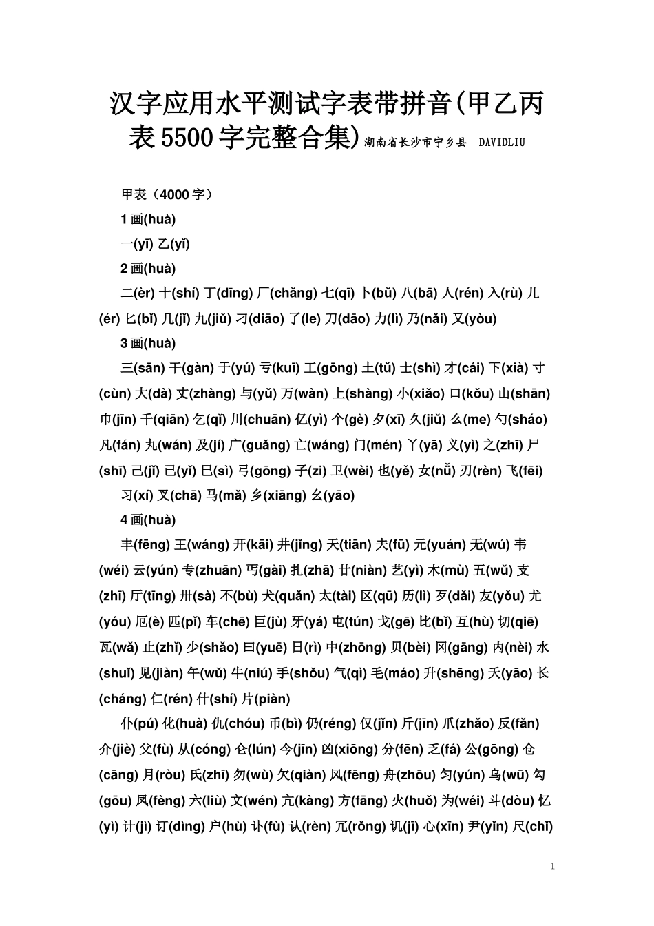 最新汉字应用水平测试字表带拼音(甲乙丙表5500字完整合集)WPING_第1页