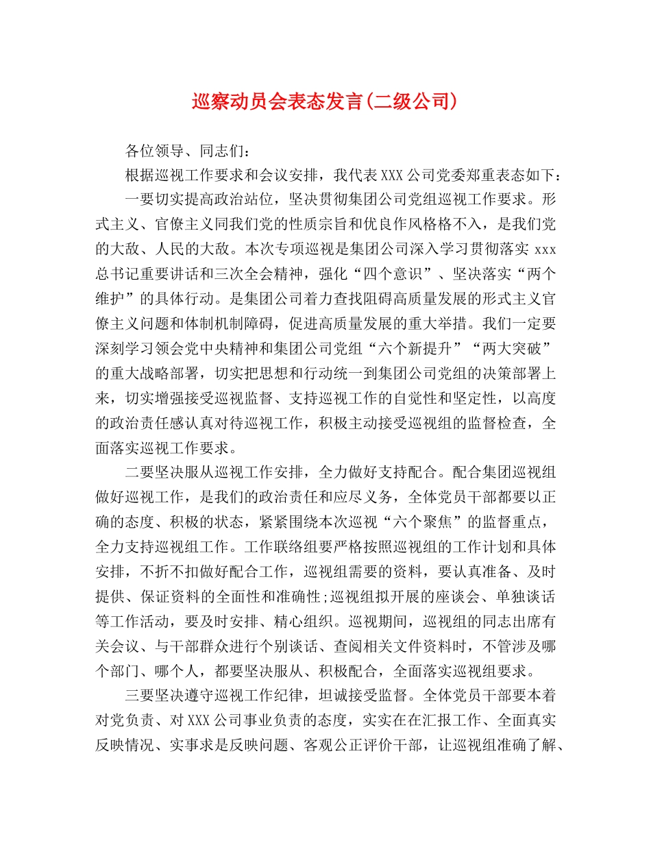 巡察动员会表态发言(二级公司) _第1页