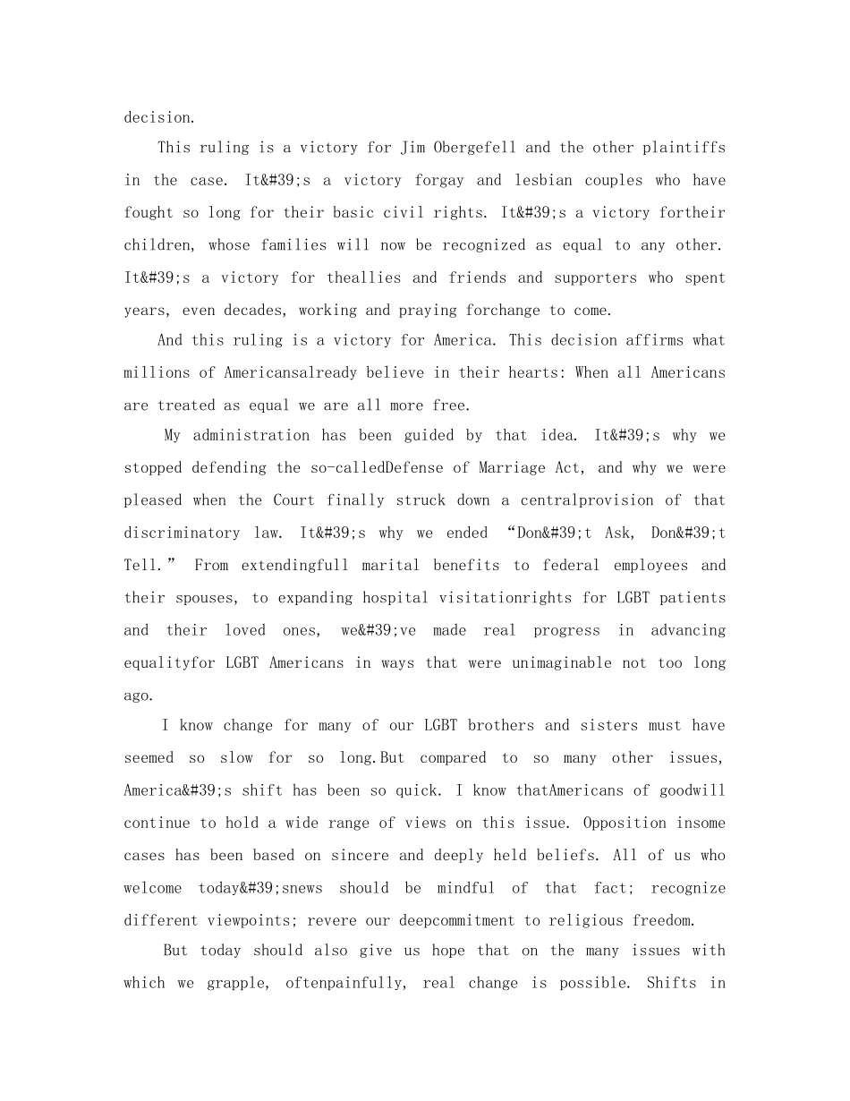 美国总统就最高法院裁定同性婚姻合法英语演讲稿 _第2页
