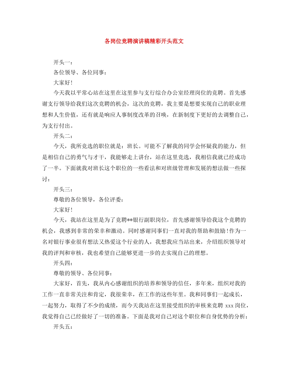 各岗位竞聘演讲稿精彩开头范文 _第1页