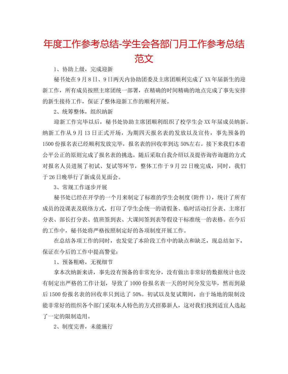 年度工作参考总结-学生会各部门月工作参考总结范文 _第1页