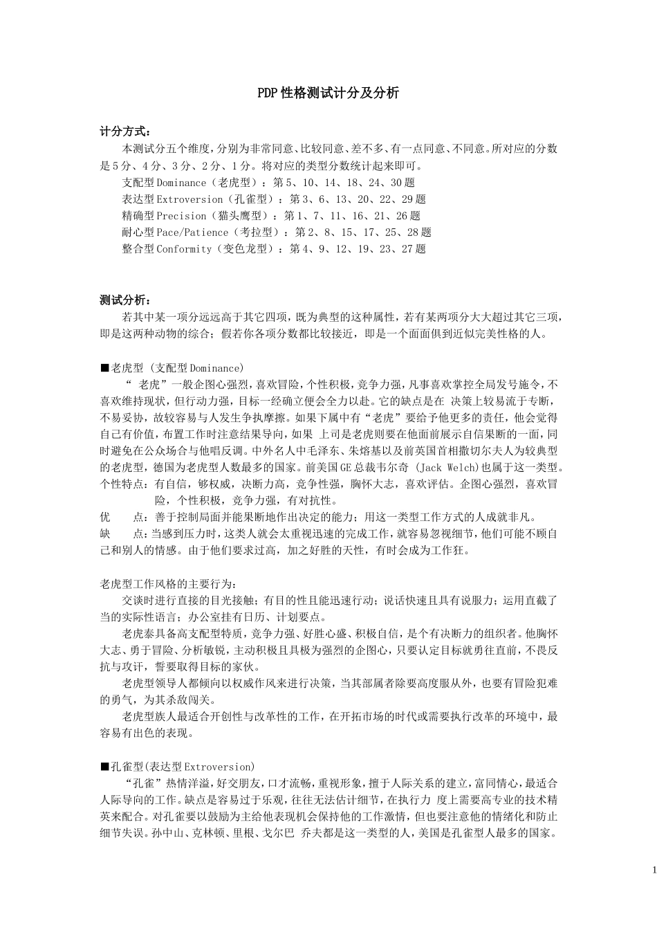 职业性格测试《PDP性格测试》计分标准及分析_第1页