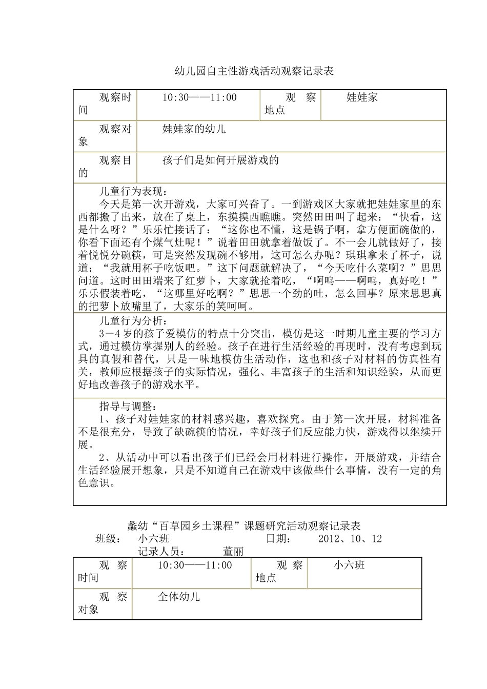 幼儿园自主性游戏活动观察记录表_第1页