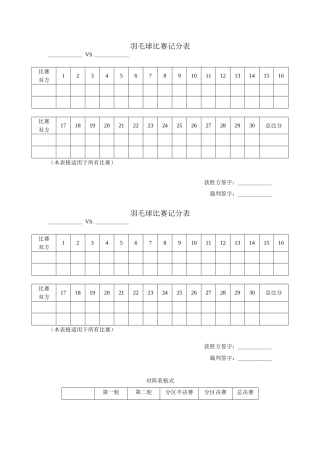 羽毛球比赛记分表