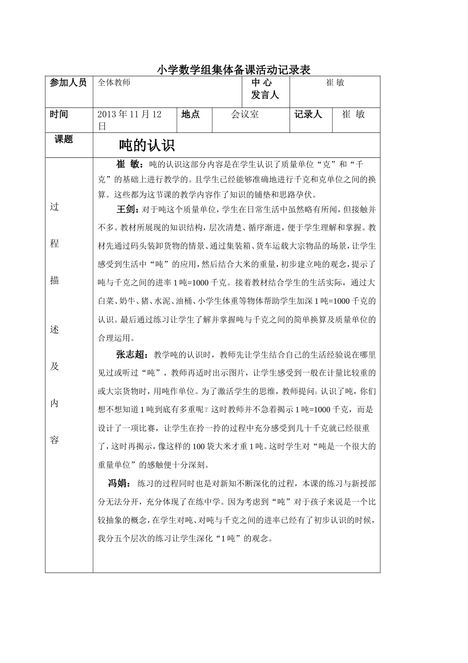 小学数学组集体备课活动记录表11_第1页