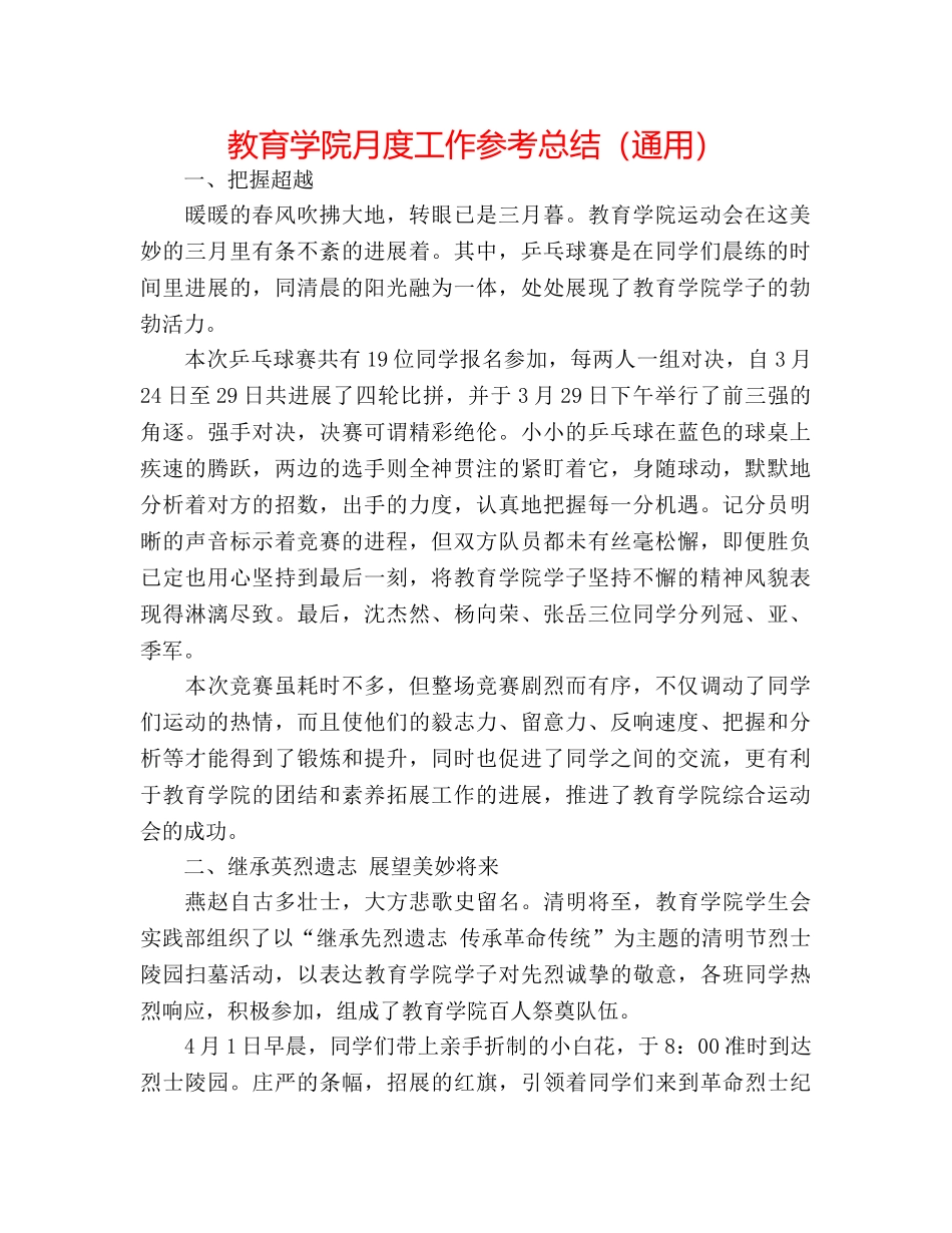 教育学院月度工作参考总结（通用） _第1页