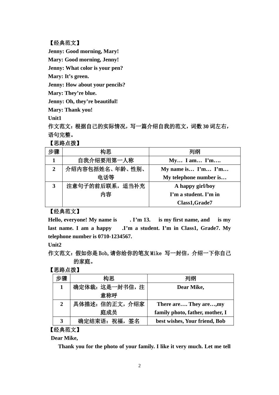 新目标七年级上册每单元英语作文范文_第2页