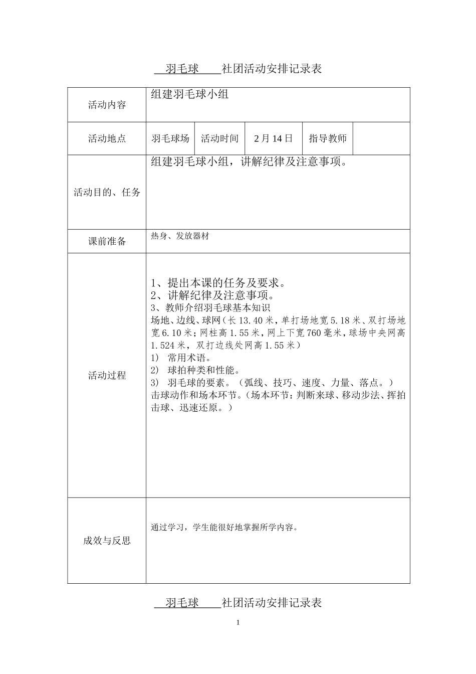 羽毛球小组活动记录表_第1页