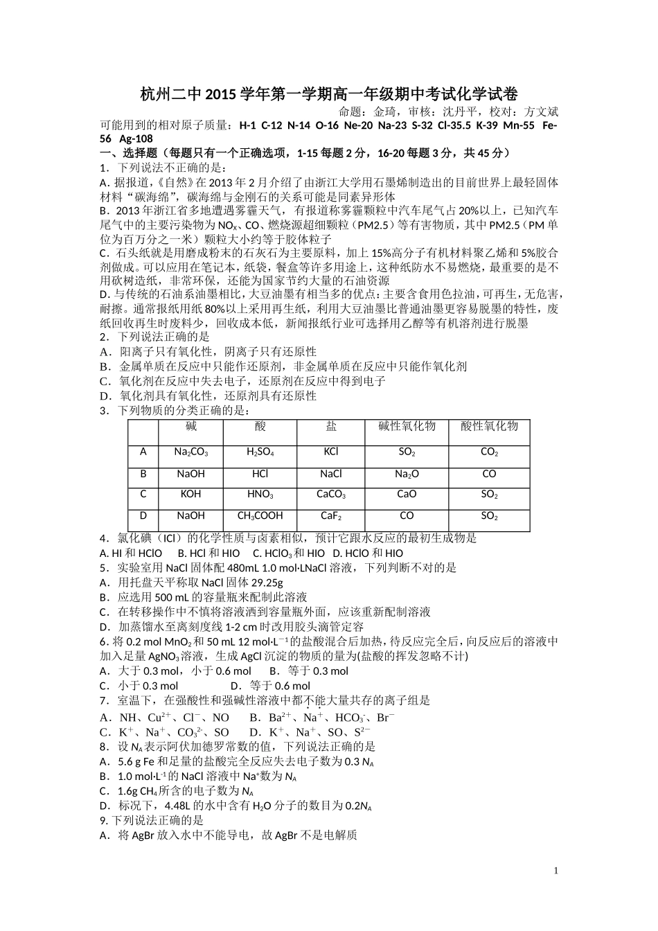 浙江省杭州二中2015-2016学年高一上学期期中考试化学试卷_第1页