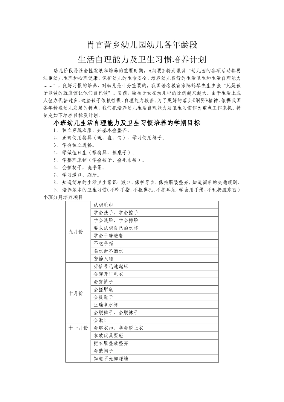 幼儿园幼儿生活自理能力及卫生习惯培养计划_第1页