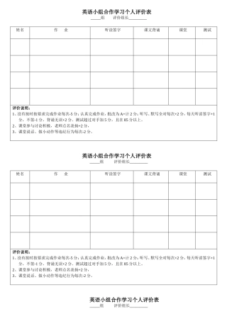 英语小组合作学习评价表一