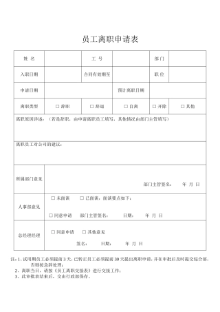 员工离职申请表(必备)交接表