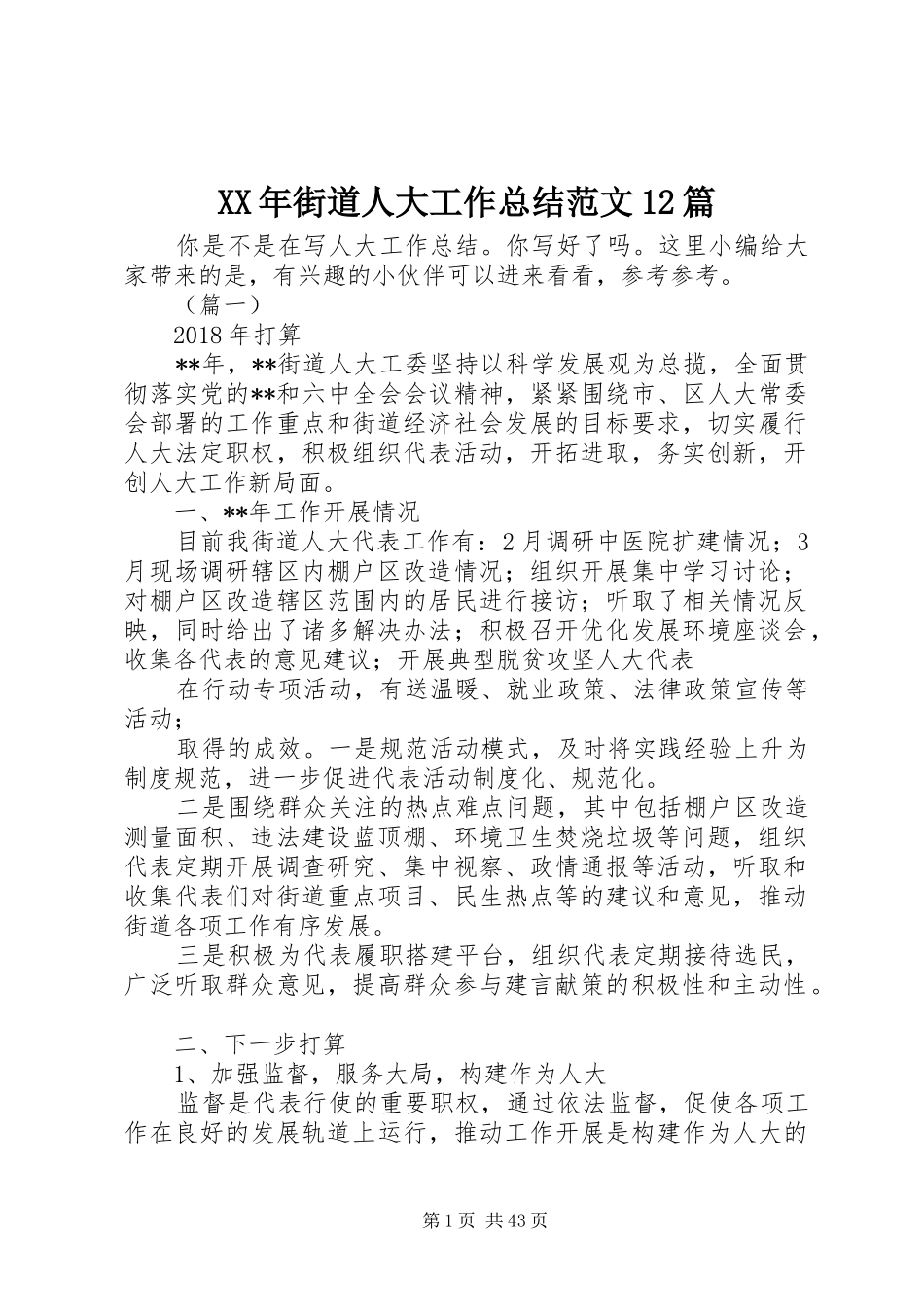 XX年街道人大工作总结范文12篇_第1页