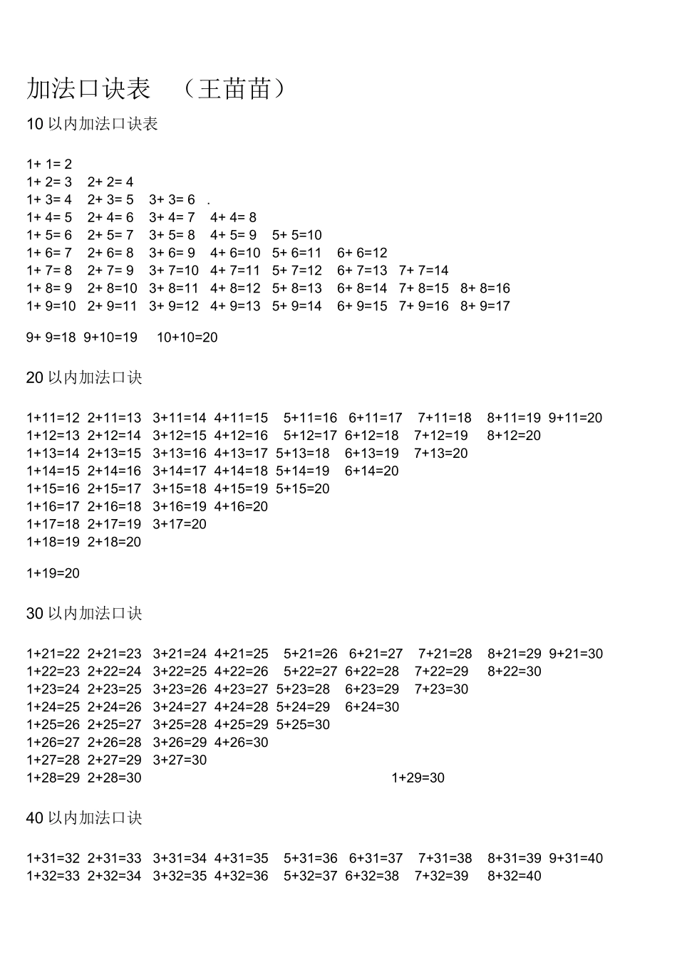 一年级加法口诀表_第1页