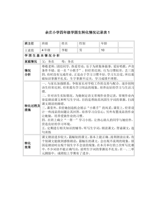 余庄小学四年级学困生转化情况记录表