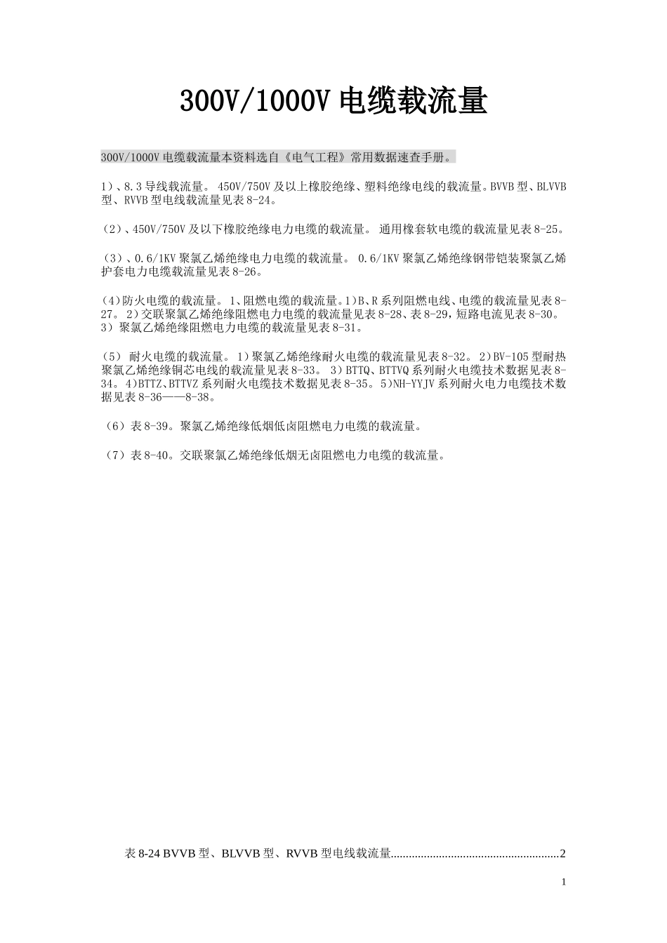 最新电缆载流量表(有目录)_第1页