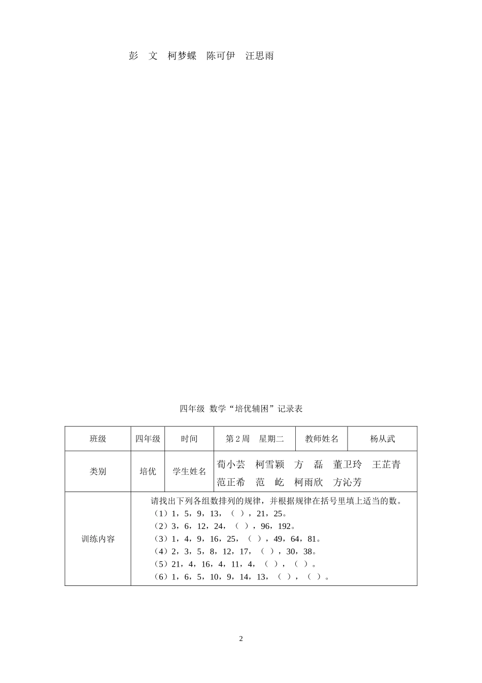 小学数学四年级上册培优补差工作登记表-20140523201512_第2页