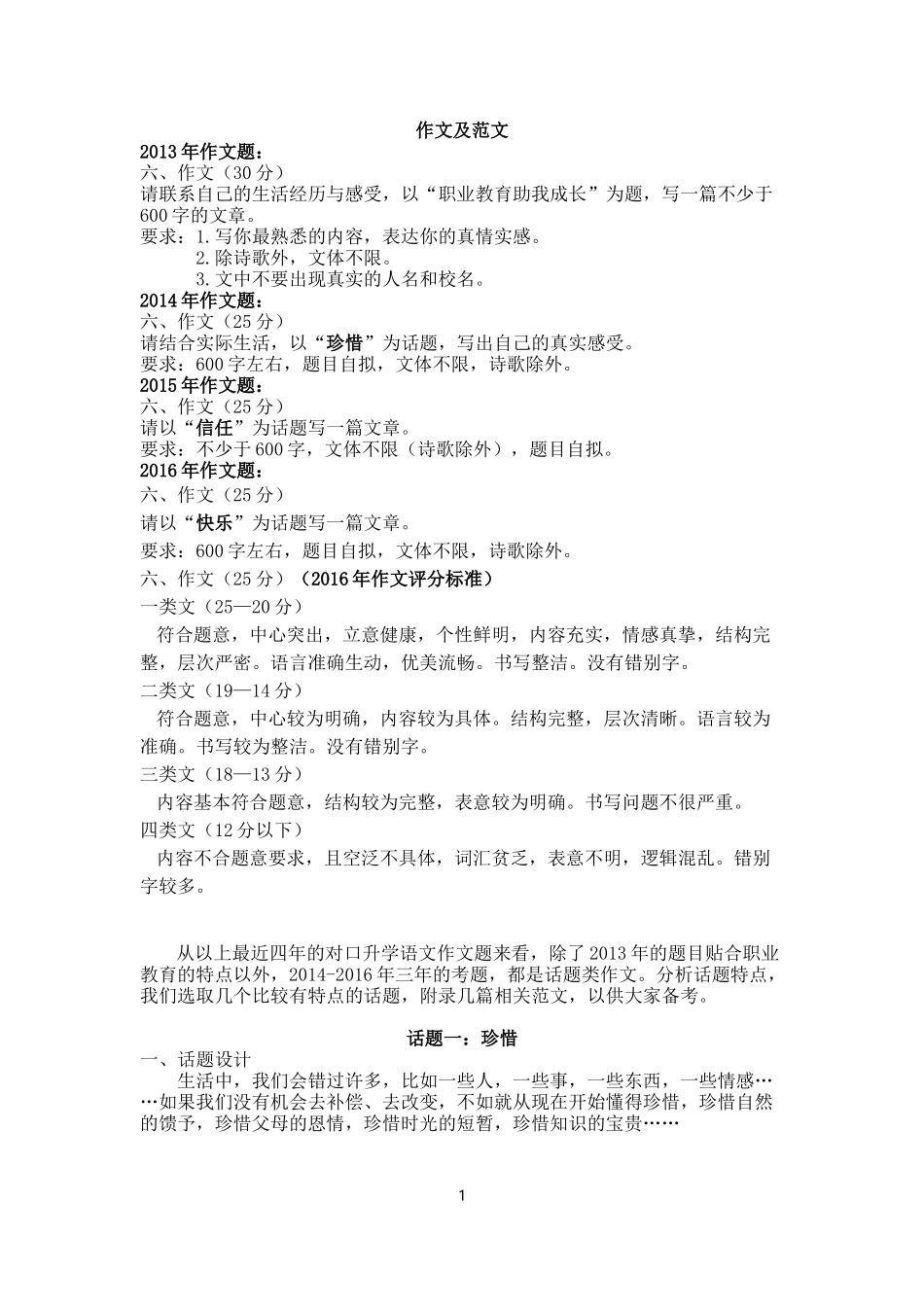 中职对口升学总复习资料：作文及范文_第1页